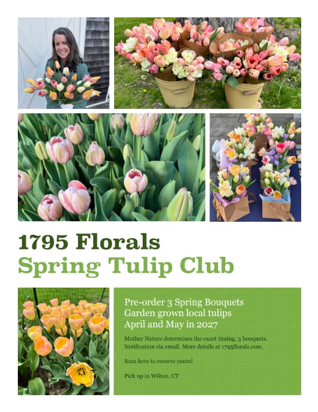 Promotional flyer for the 1795 Florals Spring Tulip Club, featuring a collage of spring tulip blooms in baskets, fields of pink tulips, and yellow tulips, with text inviting members to pre-order spring bouquets.